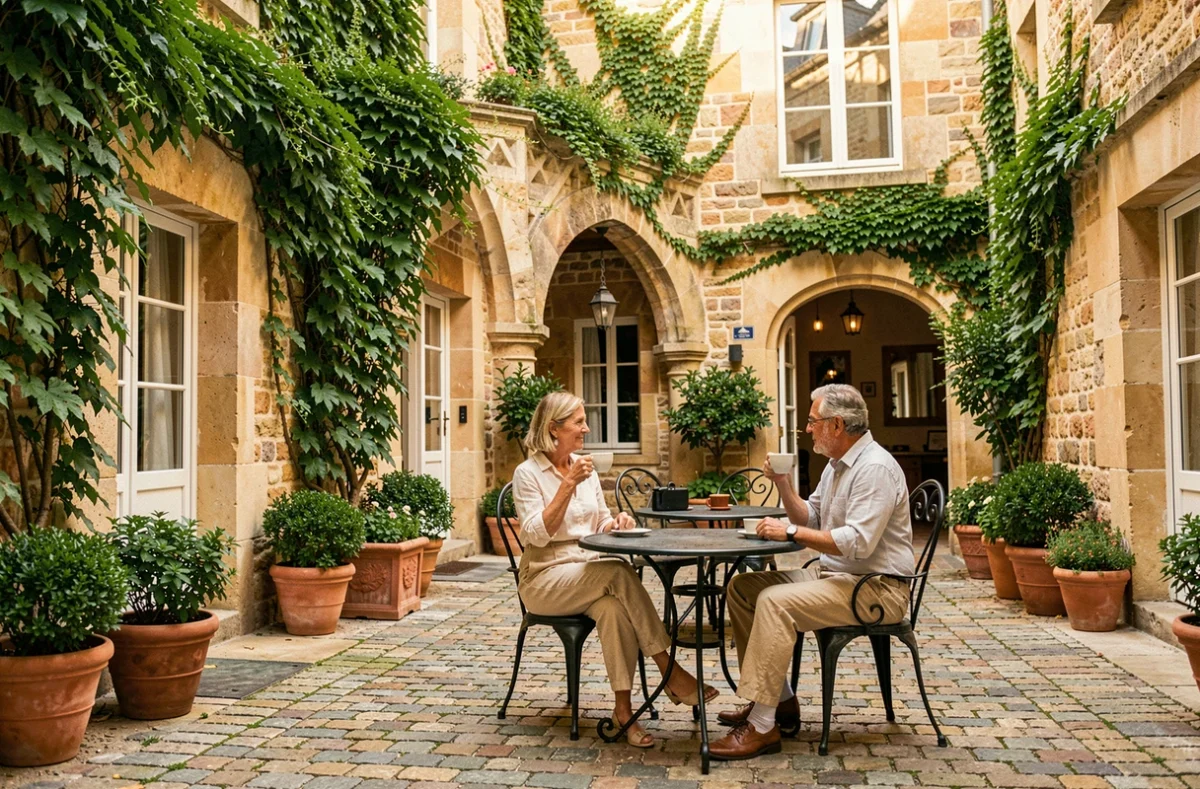 Cour intérieure pittoresque du Relais d'Amboise avec terrasse en pavés et façade en pierre