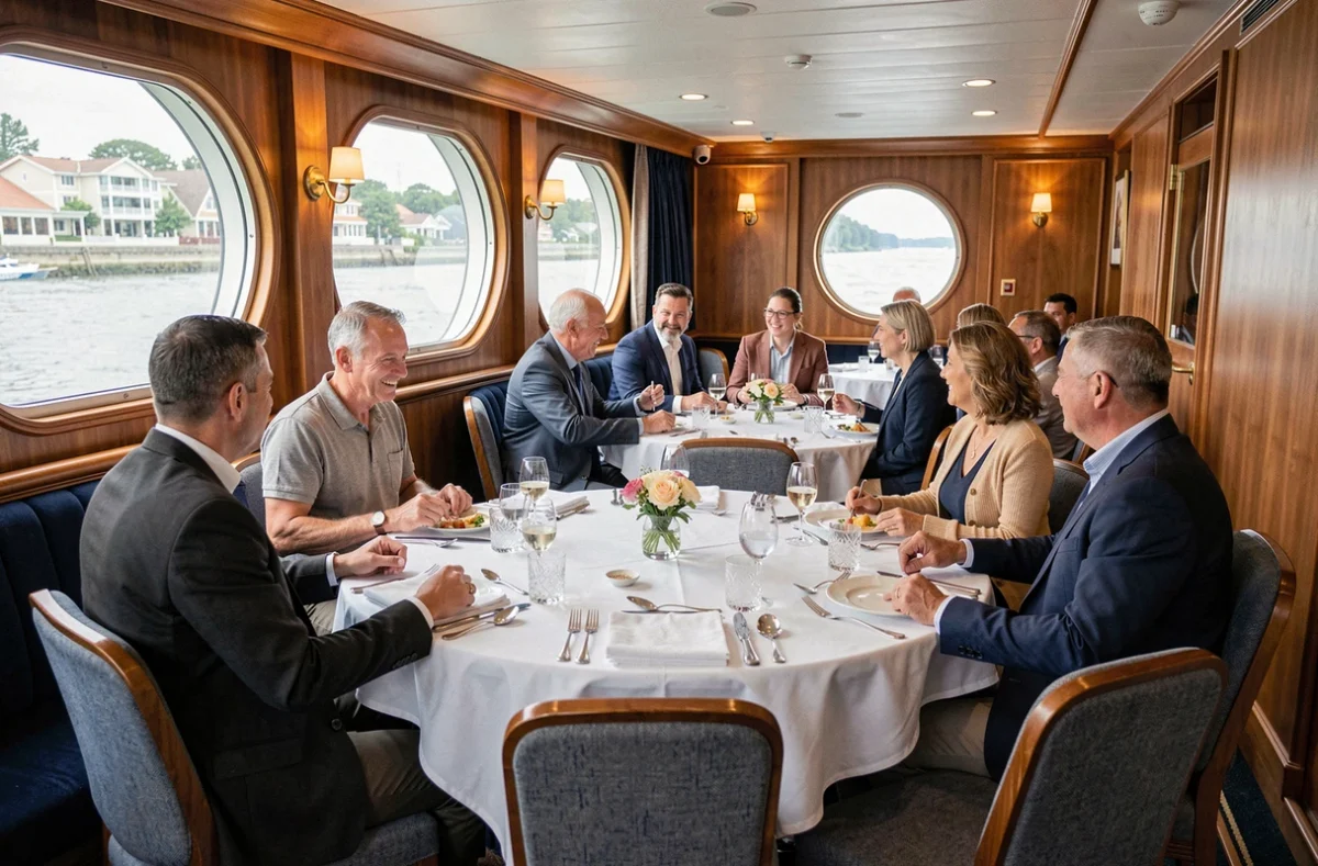 Salle à manger élégante du bateau de croisière La Sirène avec passagers attablés et décoration nautique raffinée