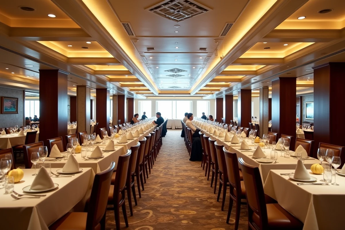 Salle à manger d'un paquebot presque vide en basse saison, tables dressées sans clients