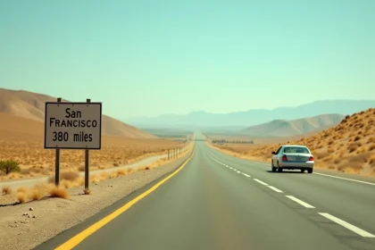 Route californienne entre Los Angeles et San Francisco avec panneau indicateur de distance et voiture sur l'autoroute