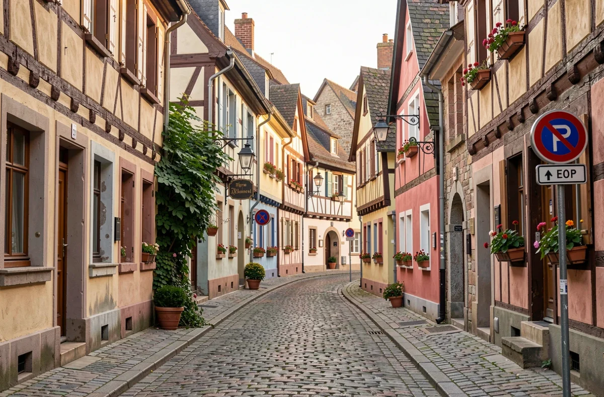 Rue pavée d'un village viticole alsacien aux maisons à colombages