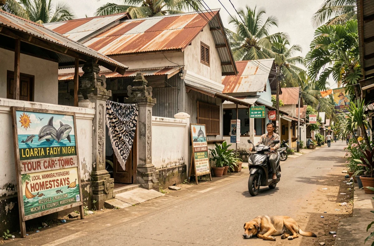 Rue de village authentique à Lovina Beach avec warung et temple balinais en bord de route