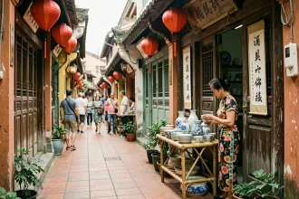 Ruelle historique de Shangxiajiu à Guangzhou avec lanternes rouges et boutiques cantonaises traditionnelles
