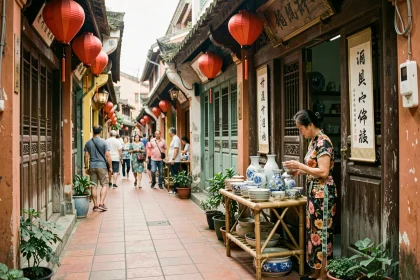 Ruelle historique de Shangxiajiu à Guangzhou avec lanternes rouges et boutiques cantonaises traditionnelles