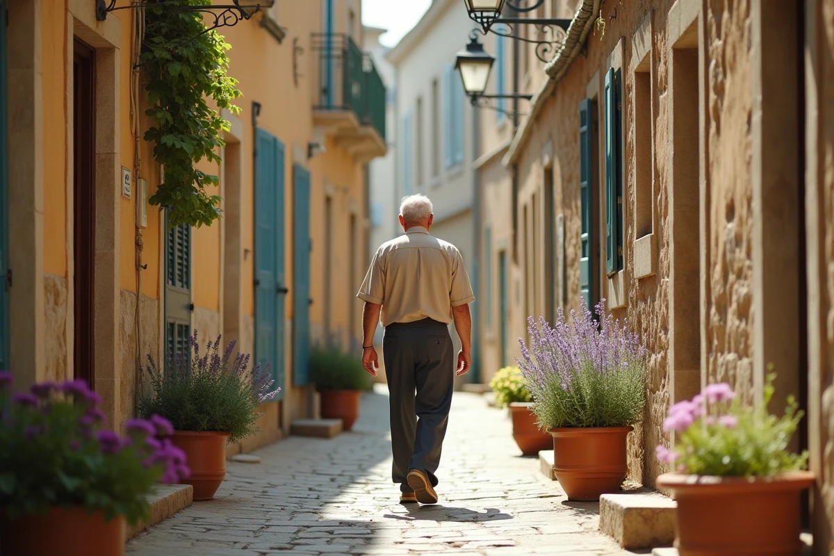 Ruelle pavée d'une ville historique française avec un homme âgé se promenant devant des portes fleuries aux volets bleus