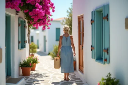 Femme explorant une ruelle pavée de Skopelos Town entourée de maisons blanches et de bougainvillées roses en Grèce