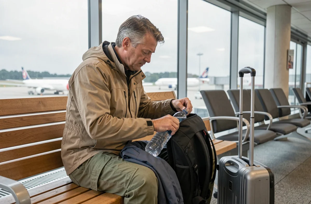 Voyageur organisant son sac à dos et bagage cabine Volotea avant l'embarquement