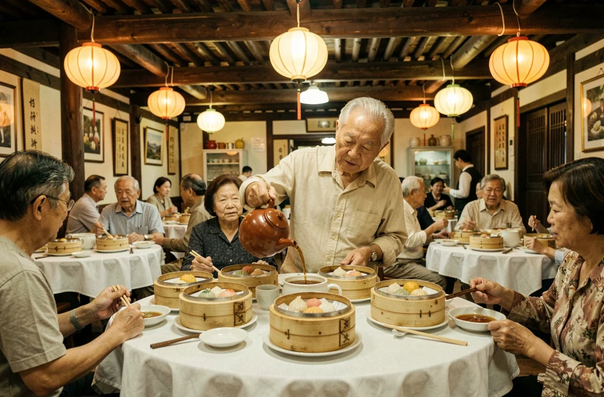 Famille chinoise partageant un repas de dim sum dans un salon de thé traditionnel de Guangzhou