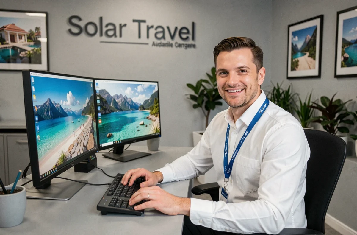 Conseiller de l'agence Selectour Soleil Voyages assis devant son bureau avec des destinations affichées à l'écran