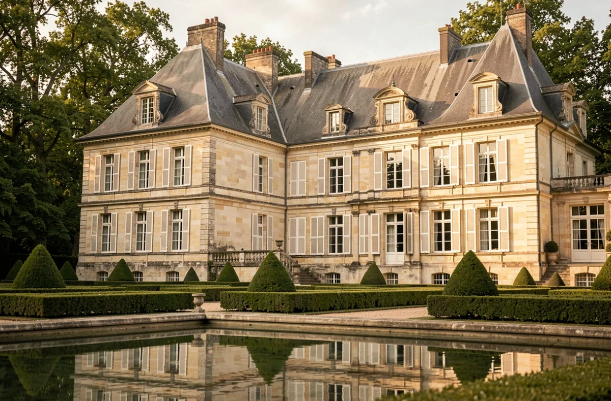 Façade du château-hôtel Les Sources de Cheverny entouré de jardins à la française