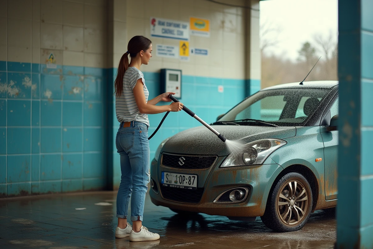 Femme utilisant un karcher dans une station de lavage libre-service pendant un road trip