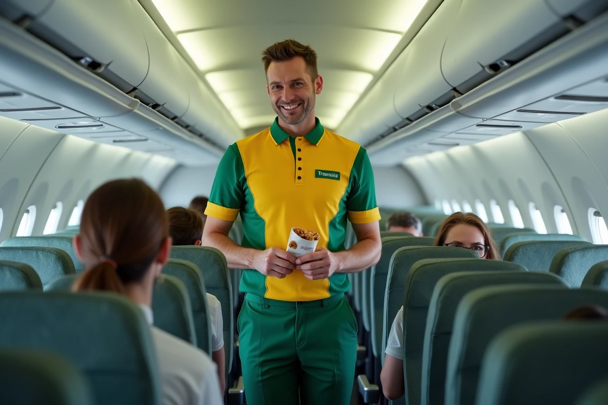 Steward Transavia en uniforme servant un snack dans la cabine d'un avion en classe économique