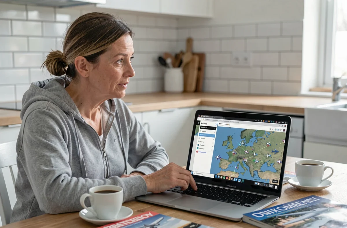 Une femme utilise un site de suivi de vols en temps réel sur son ordinateur portable dans une cuisine moderne