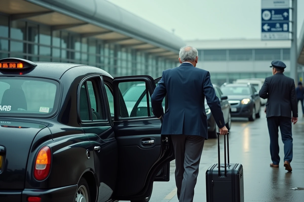 Homme montant dans un taxi noir londonien devant le terminal de l'aéroport de Gatwick