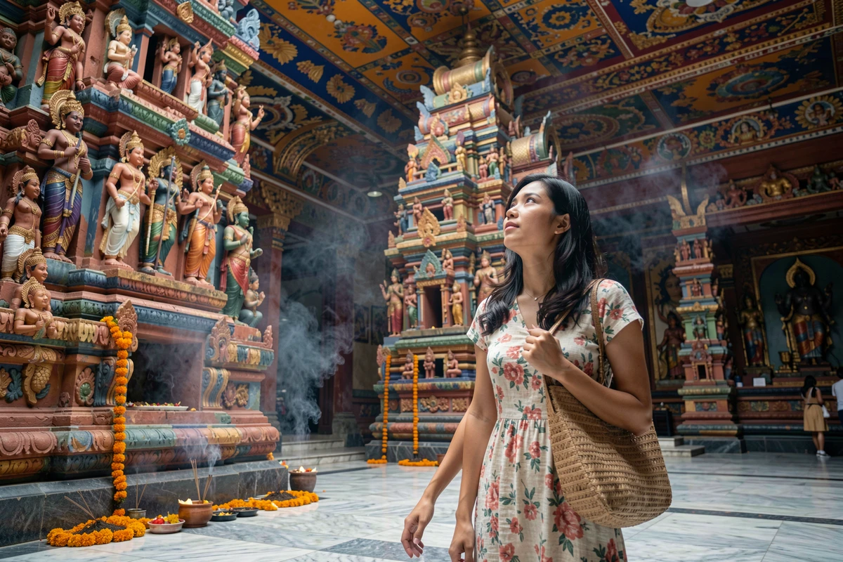 Jeune femme visitant le temple hindou Sri Mahamariamman au cœur de Kuala Lumpur en Malaisie