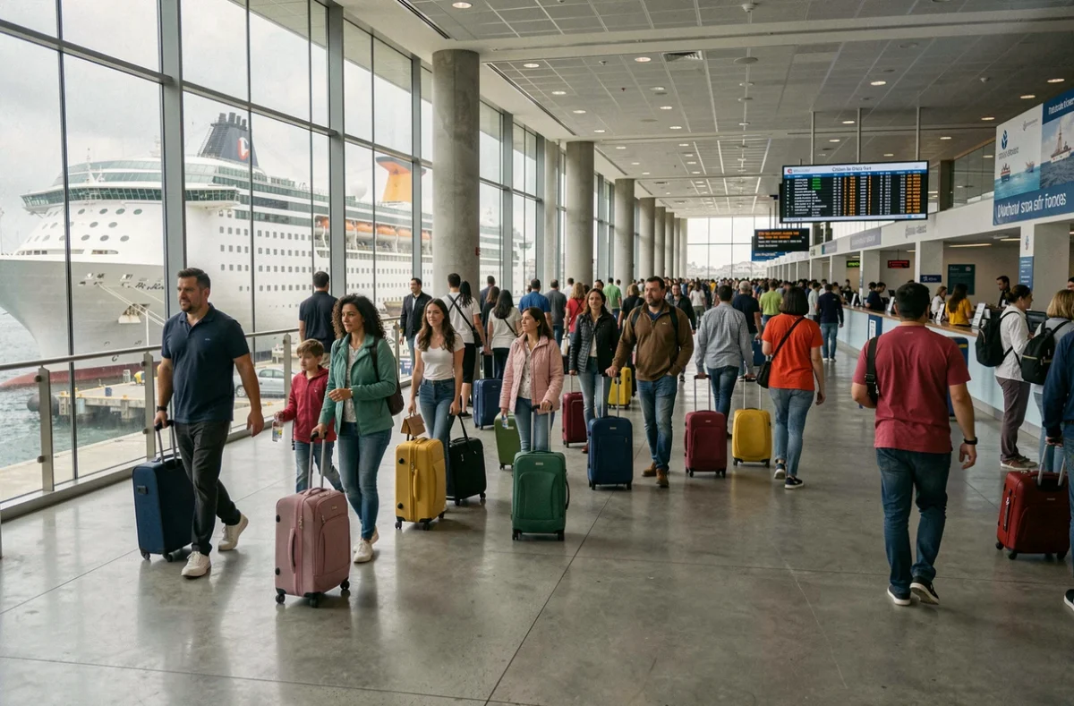 Terminal de croisière animé de Buenos Aires avec des voyageurs et un paquebot visible par les fenêtres