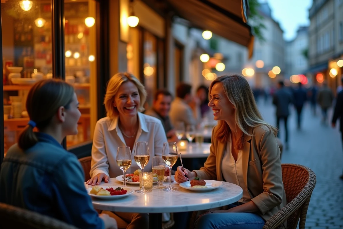 Groupe d'amis attablés en terrasse d'une brasserie traditionnelle dans le vieux Mans en soirée, ambiance conviviale et rue piétonne animée en arrière-plan