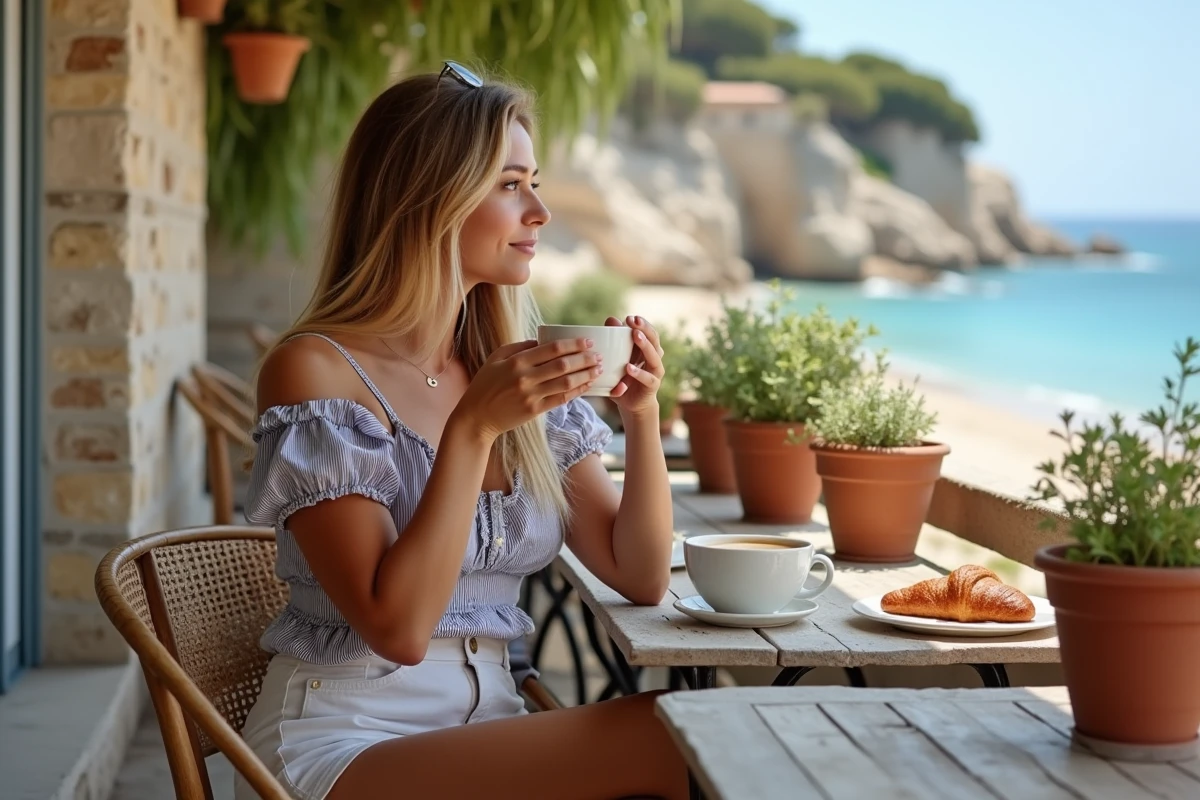 Femme savourant un café au lait en terrasse d'un café rustique au Village Leucate avec vue sur la végétation méditerranéenne