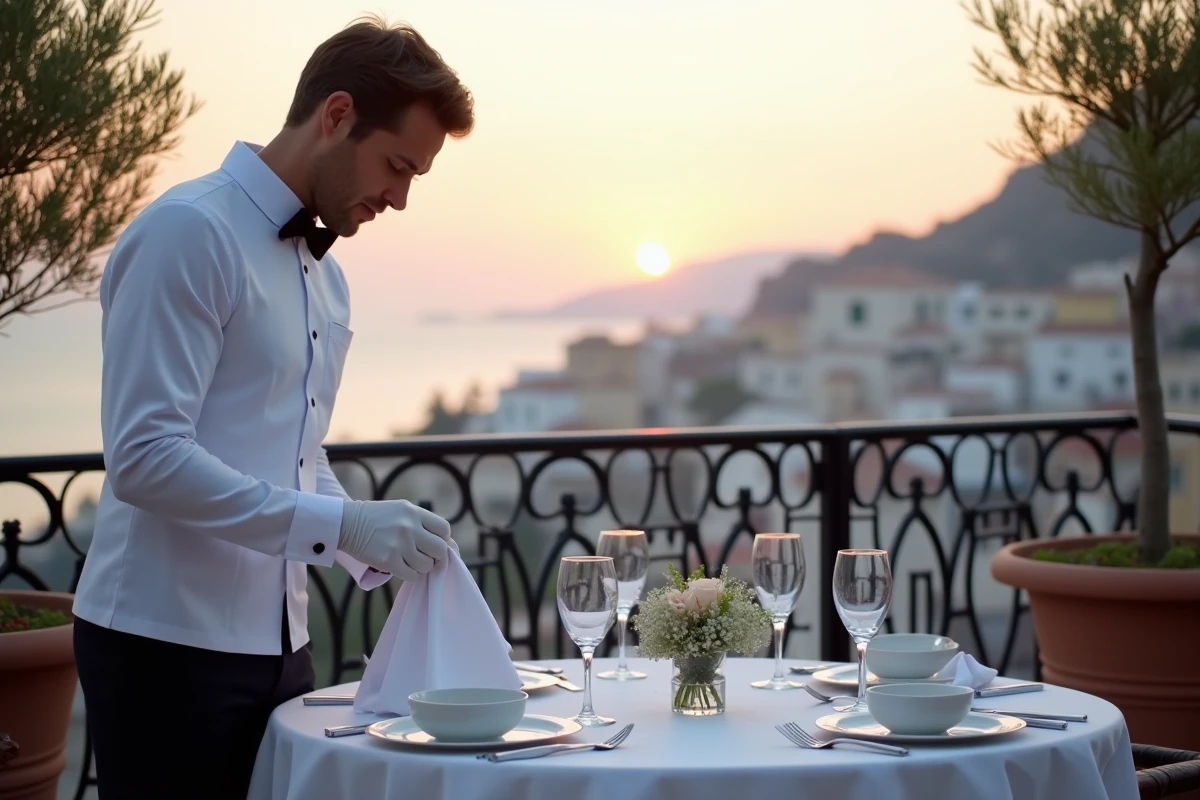 Butler en gants blancs dressant une table de dîner sur une terrasse panoramique d'hôtel avec vue sur la mer au crépuscule
