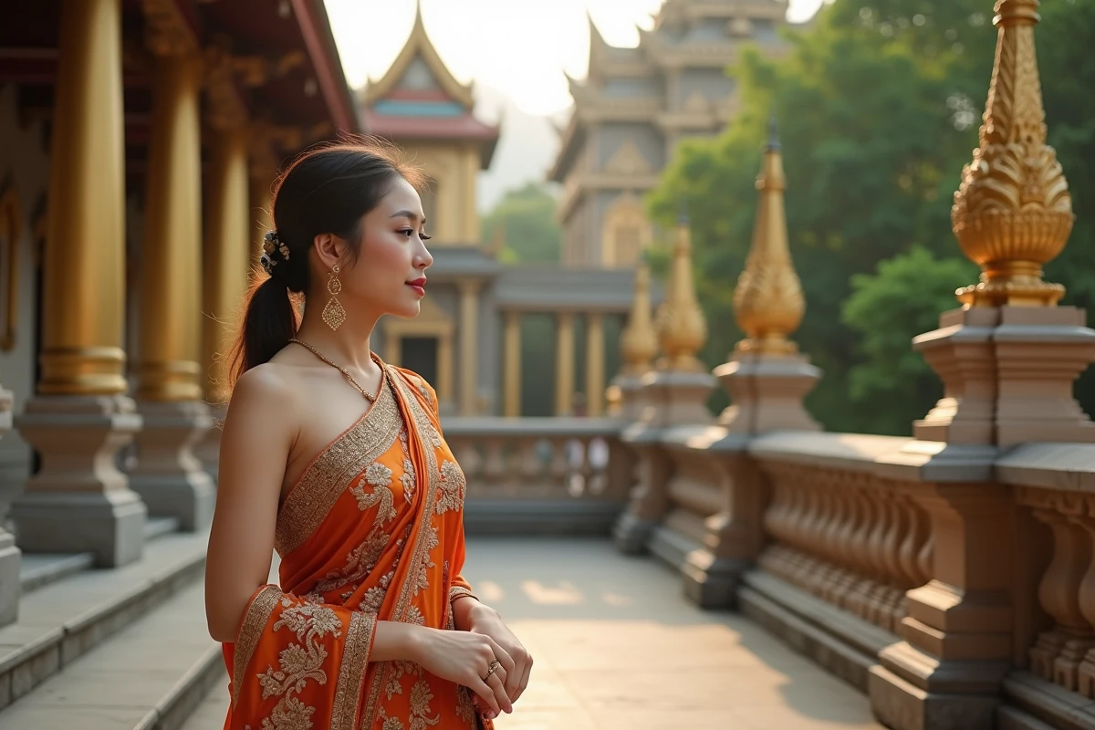 Femme thaïlandaise en costume traditionnel devant un temple historique de Chiang Mai, illustrant l'indépendance culturelle de la Thaïlande