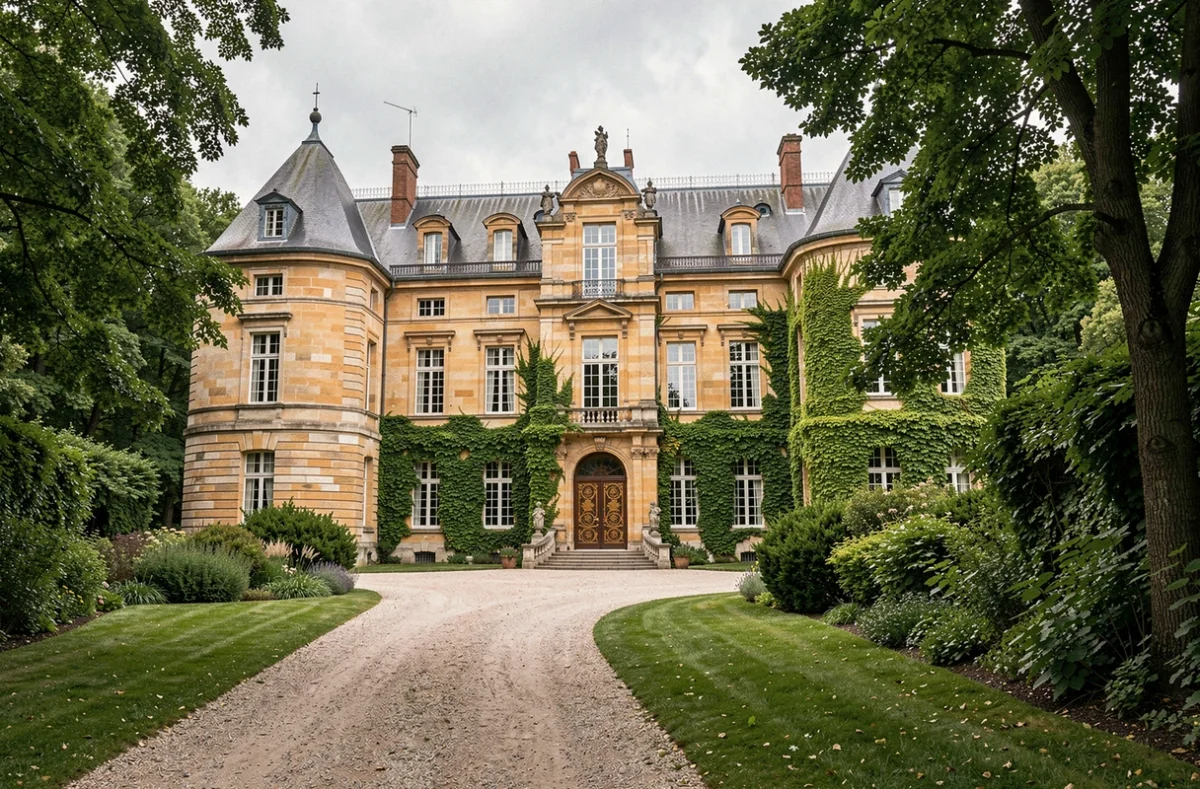 Façade majestueuse du Tiara Château Hotel Mont Royal dans la forêt de Chantilly, avec son allée de gravier et ses pierres dorées