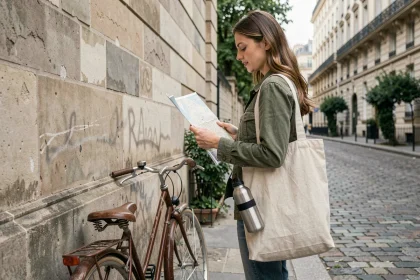 Touriste durable à Paris consultant une carte papier près d'un vélo garé sur des pavés