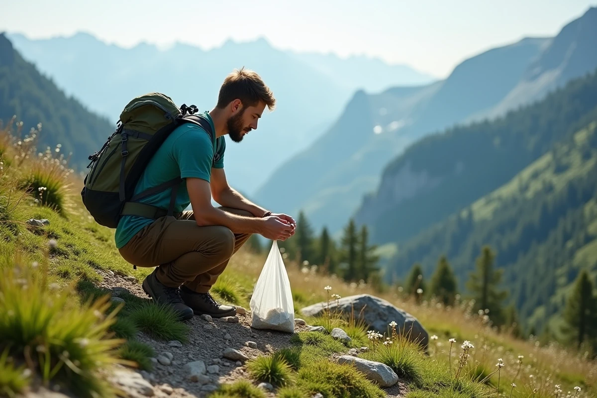 Randonneur ramassant des déchets sur un sentier de montagne dans une démarche de tourisme responsable
