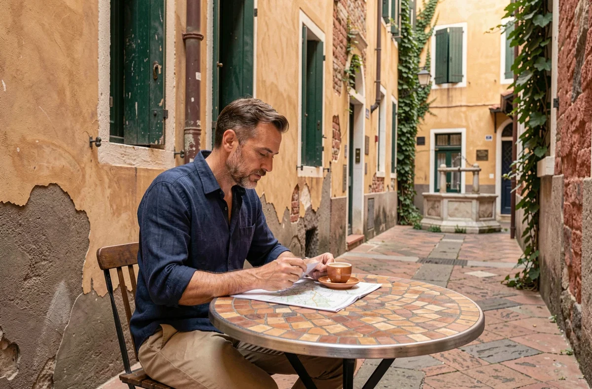 Touriste consultant une carte dans une ruelle vénitienne étroite avec une tasse d'espresso, ambiance authentique loin des foules à Venise
