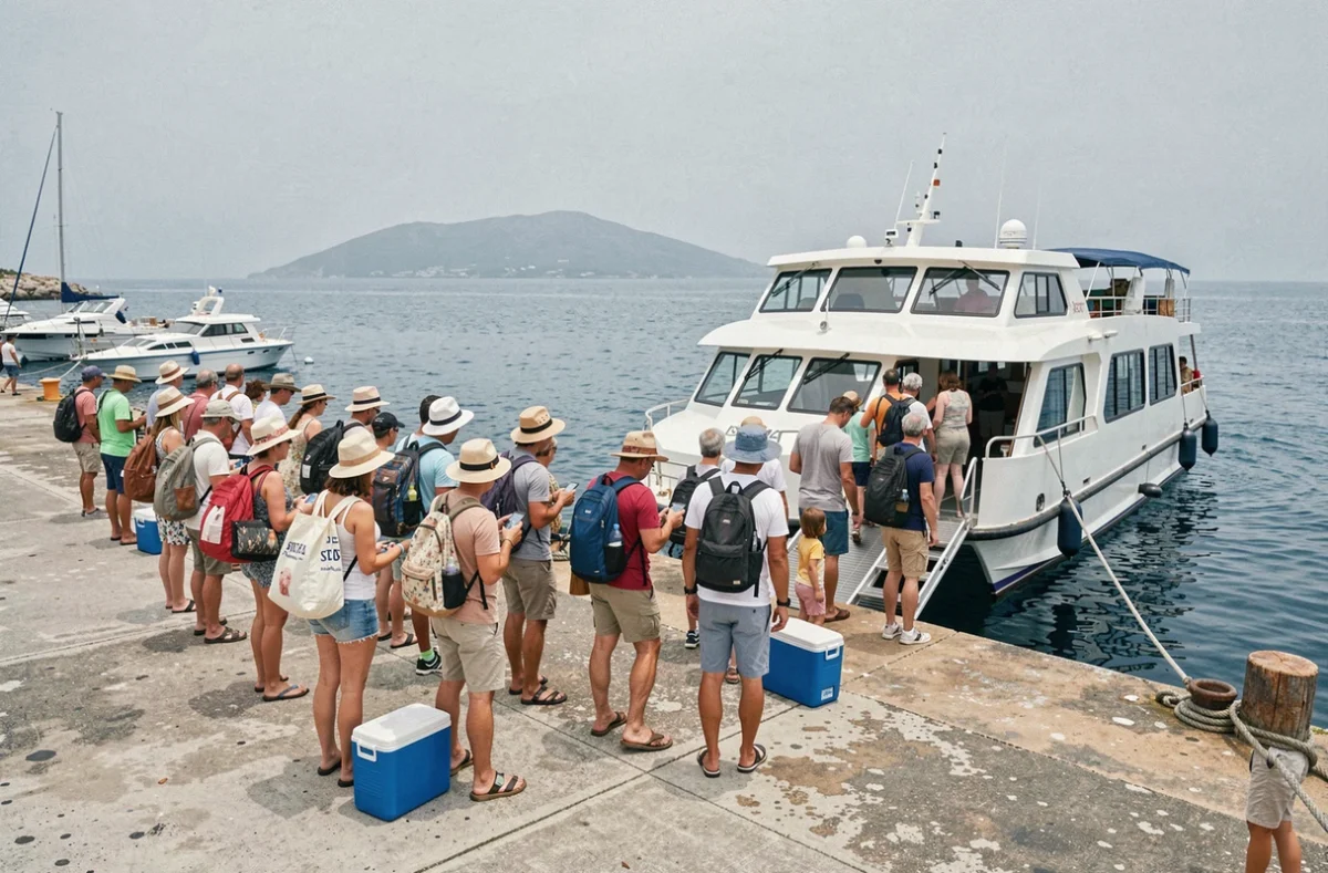 File de touristes embarquant sur le ferry à La Tour Fondue en direction de l'île de Porquerolles en été
