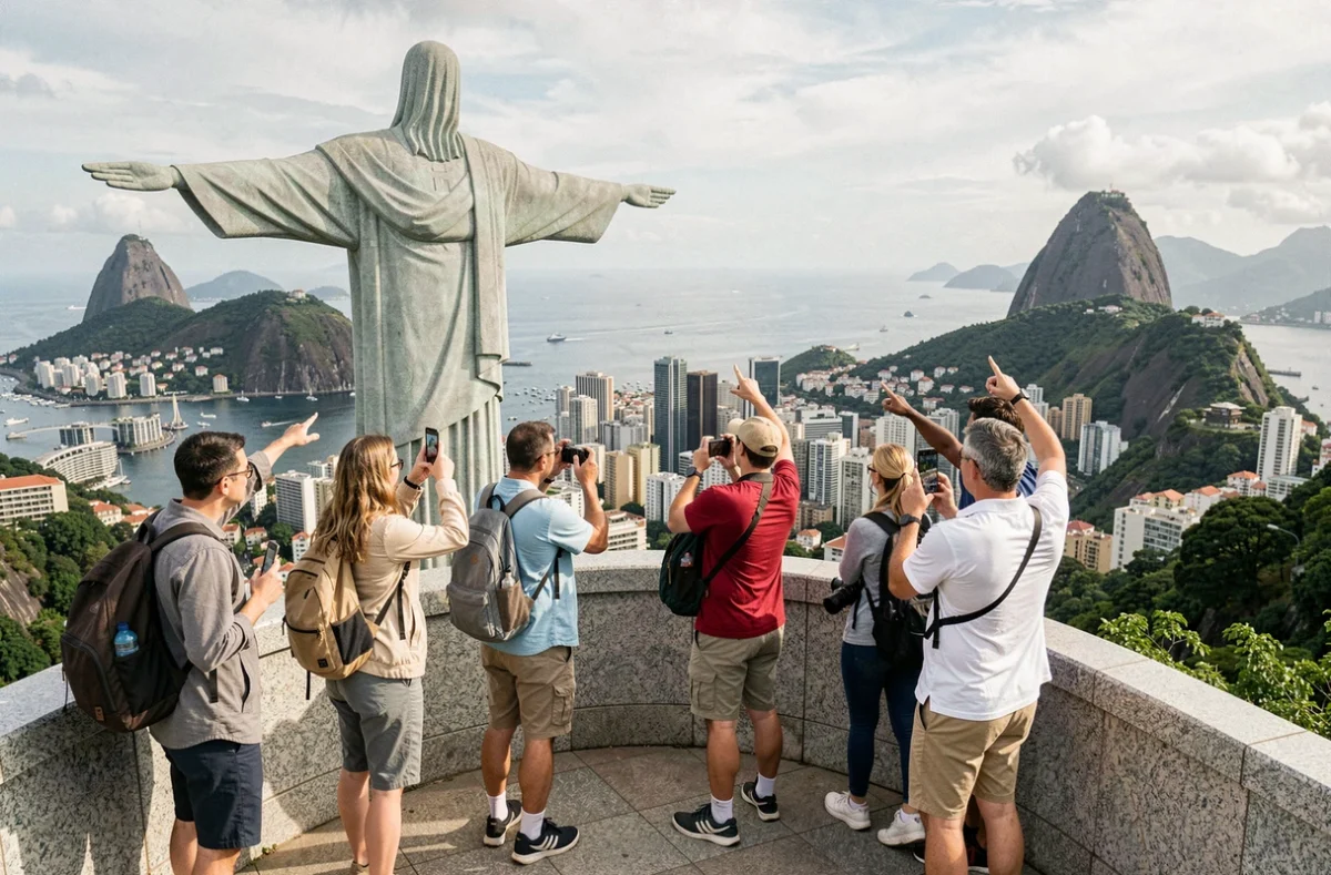 Touristes sur la plateforme d'observation du Christ Rédempteur admirant la vue sur Rio de Janeiro depuis le Corcovado