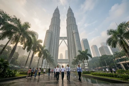 Les tours Petronas de Kuala Lumpur vues depuis un parc urbain tropical en Malaisie