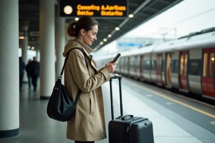 Voyageuse avec valise sur le quai du train à l'aéroport de Londres Gatwick, solution de transport pratique