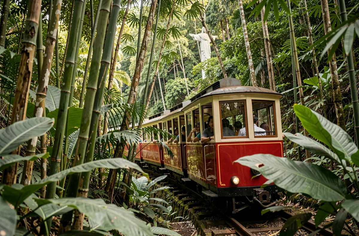 Train du chemin de fer à crémaillère du Corcovado traversant la forêt tropicale pour rejoindre le Christ Rédempteur à Rio