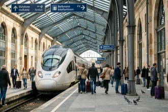 Voyageurs internationaux embarquant dans un train à grande vitesse à une gare frontalière européenne moderne