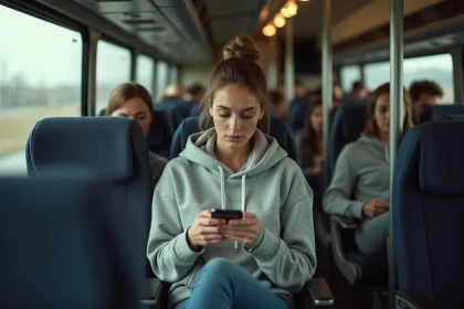 Jeune femme dans un bus Greyhound consultant une appli de voyage sur son téléphone lors d'un trajet New York Boston