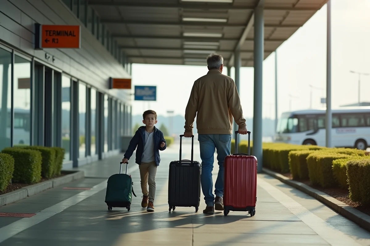 Père et fils transportant des valises sur la passerelle piétonne entre le parking P5 et le terminal de Toulouse