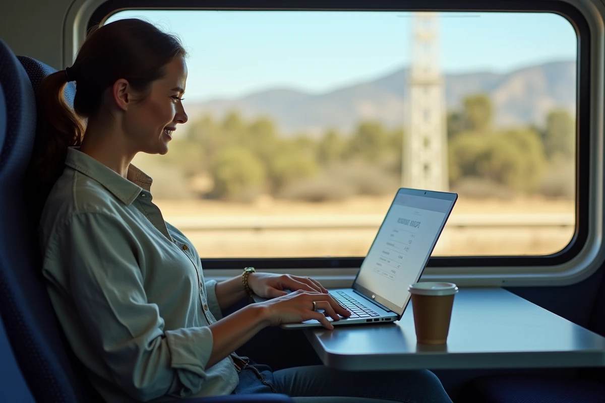 Femme dans un train Amtrak consultant un simulateur de durée de trajet entre Los Angeles et San Francisco