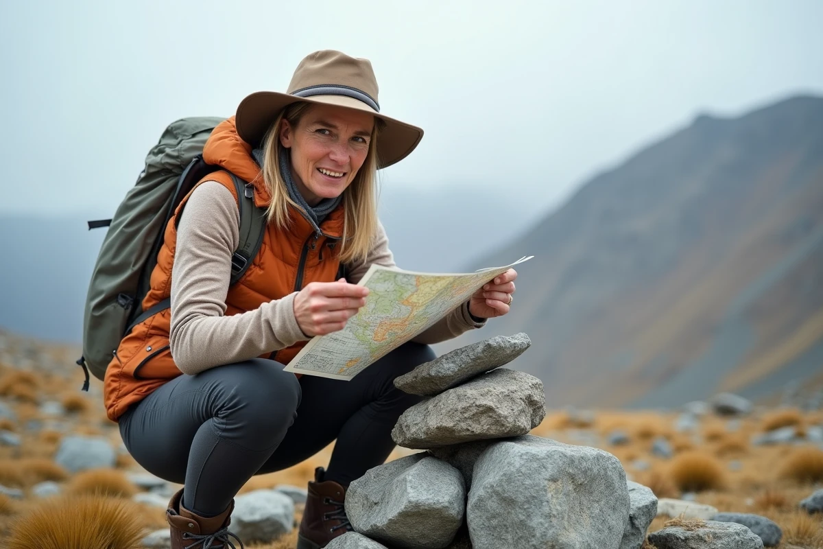 Femme trekkeuse consultant une carte topographique sur un plateau d'altitude lors d'un trek extrême