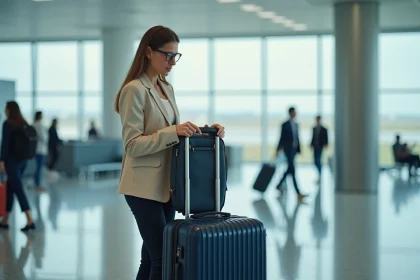 Femme vérifiant les dimensions de sa valise cabine Air France dans un sifflet de contrôle à l'aéroport
