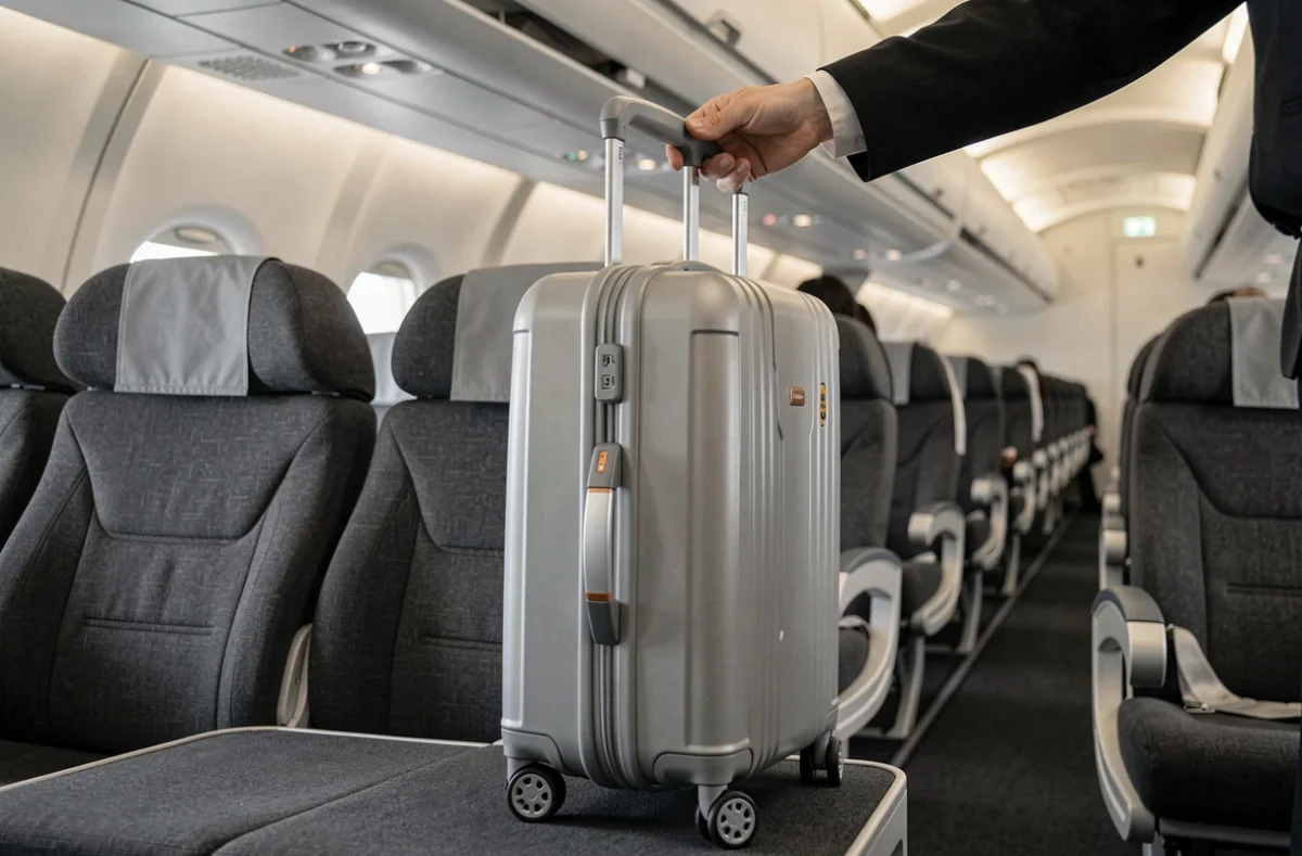 Valise cabine compacte rangée dans le compartiment supérieur d'un avion, illustrant la praticité et les dimensions idéales d'un bagage à main pour voyageurs fréquents