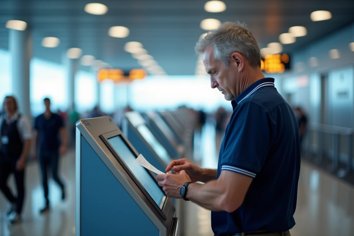 Homme vérifiant les détails de son billet easyJet à une borne d'enregistrement automatique