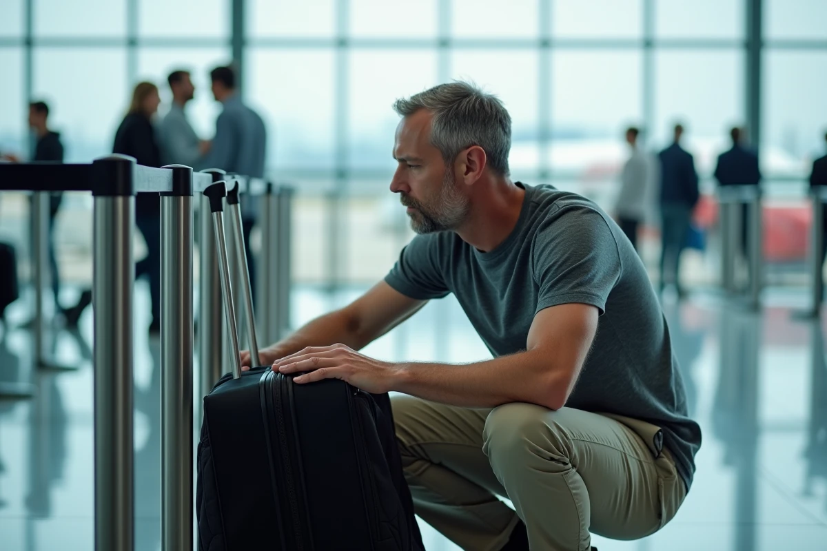 Voyageur vérifiant les dimensions de son bagage cabine dans un gabarit de mesure à l'aéroport