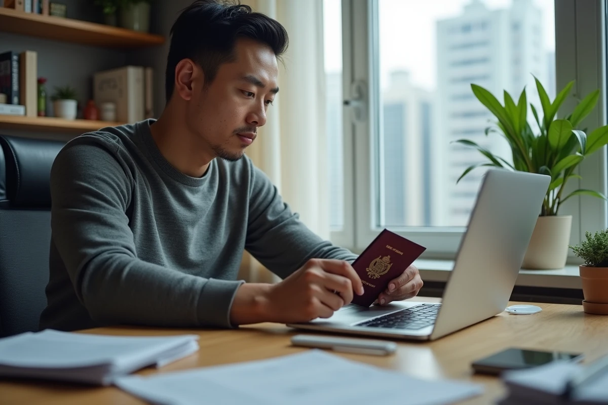 Homme vérifiant la validité de son passeport avant un voyage à Hong Kong sur son ordinateur portable