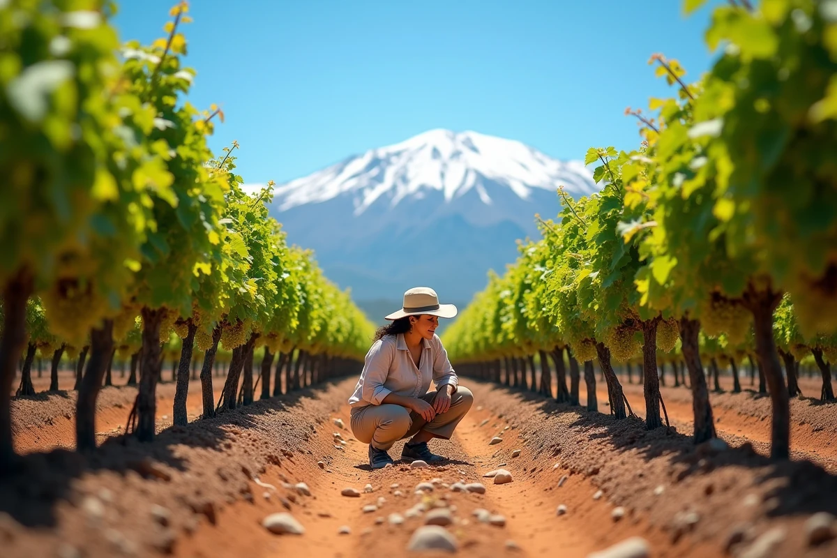Femme inspectant des grappes de raisin dans un vignoble de Mendoza en Argentine avec les Andes enneigées en arrière-plan