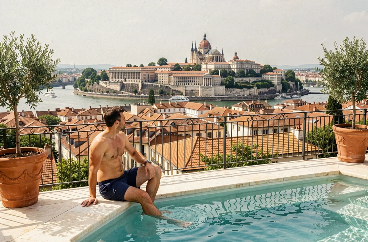 Piscine à débordement de la Villa Florentine à Lyon avec vue panoramique sur les toits et la basilique de Fourvière