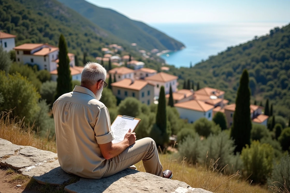 Homme assis sur un muret admirant le village perché de Glossa sur l'île de Skopelos avec vue sur la mer Égée