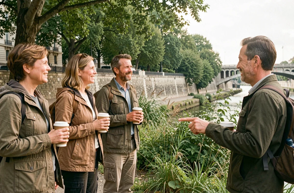 Groupe de visiteurs participant à une visite écotouristique guidée au bord de la Seine à Paris