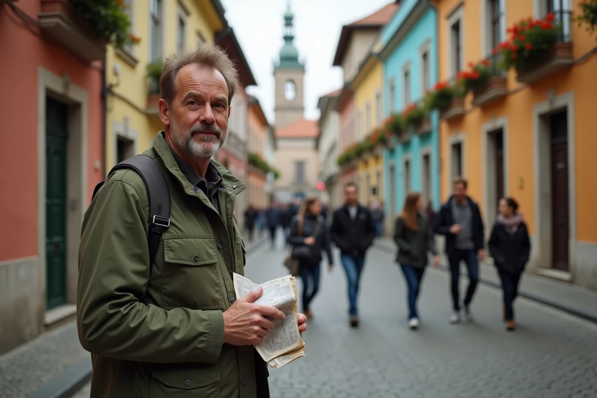 Guide de visite urbaine conduisant un groupe de touristes dans une ruelle pavée d'un quartier historique européen