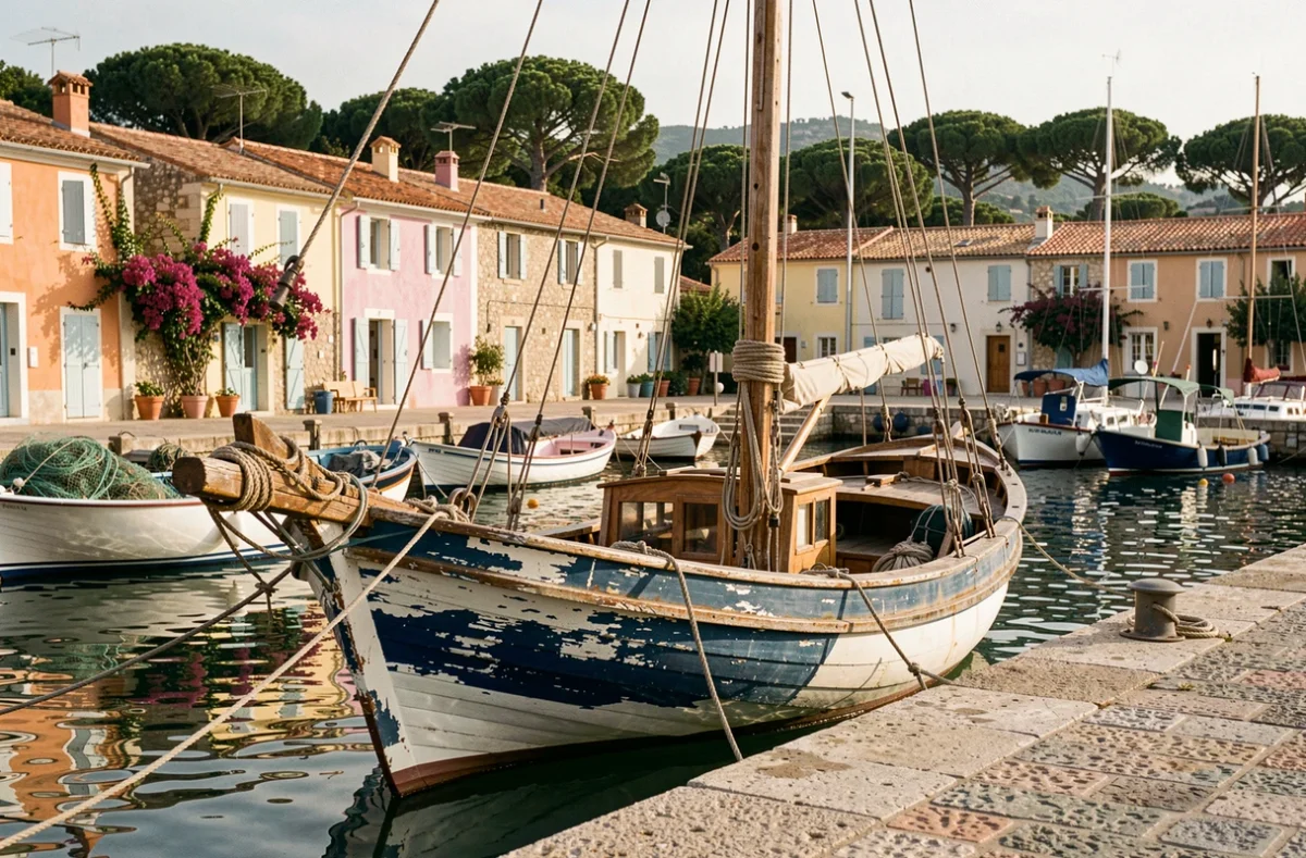 Voilier en bois amarré dans le port de Porquerolles avec vue sur le village méditerranéen lors d'une croisière côtière