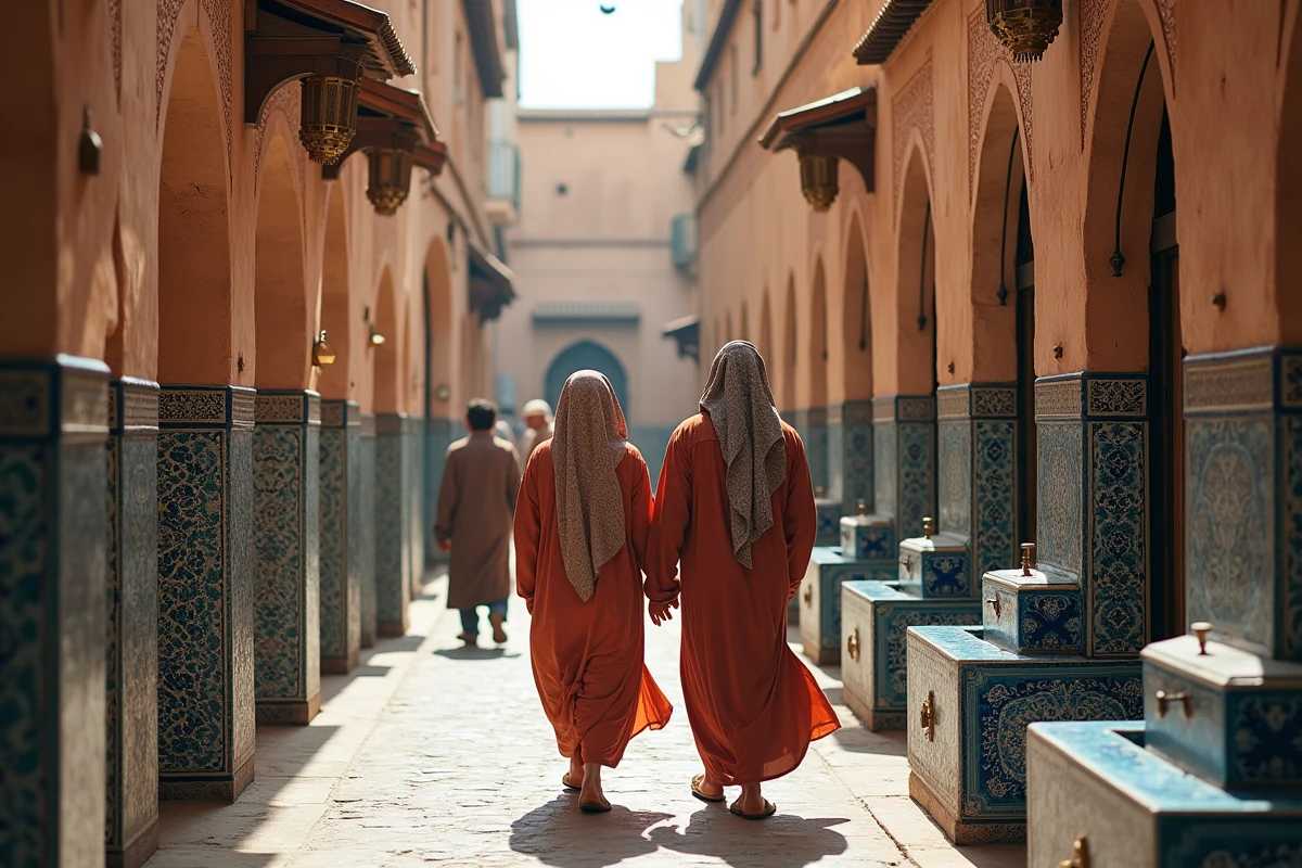 Deux guides locaux en djellaba traversant une ruelle de la médina de Fès au Maroc, entourés de zellige et de lanternes en laiton